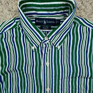Ralph Lauren Button Up Shirt Custom Fit Cotton Small Green Blue White Striped